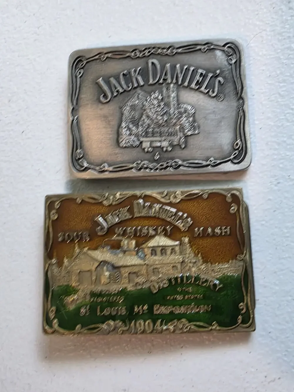 Lot of 2 Jack Daniel's Belt Buckles Lynchburg TN Distillery 1994 & 2006 JD Brass